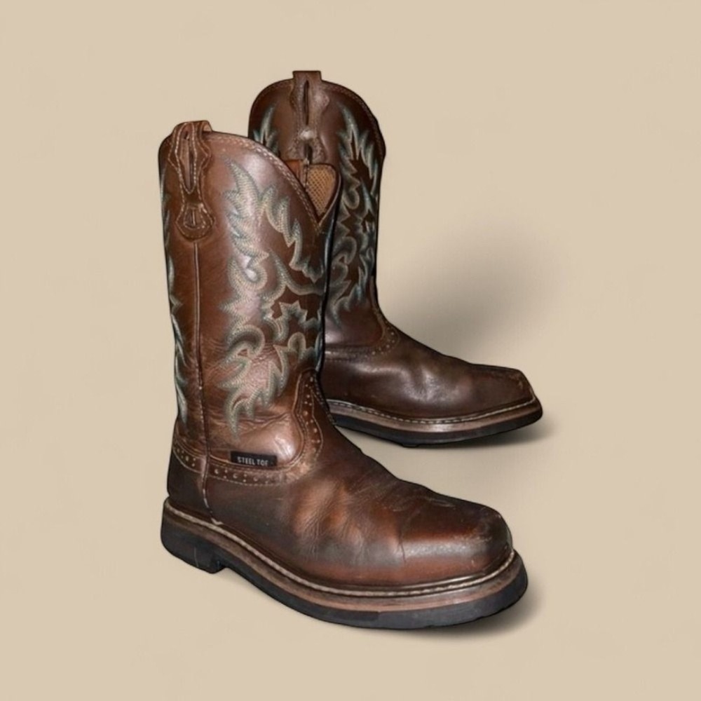 Brazos Mens Steel Toe Western Work Boots Brown Leather Square Toe Teal Stitch